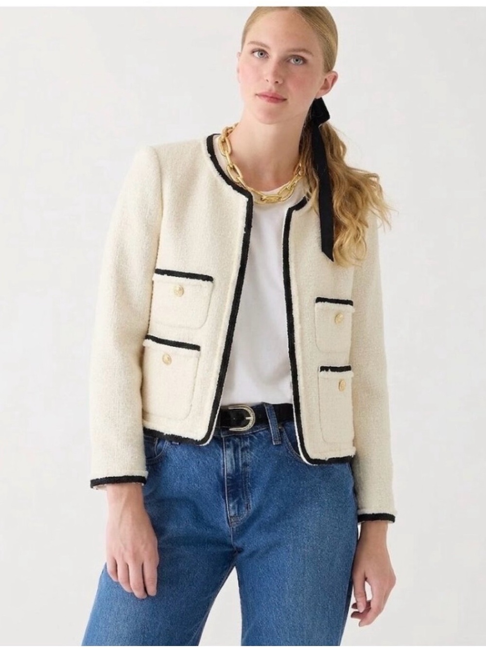 J. Crew Cream Bouclé Jacket with Black Trim BNWT size 14